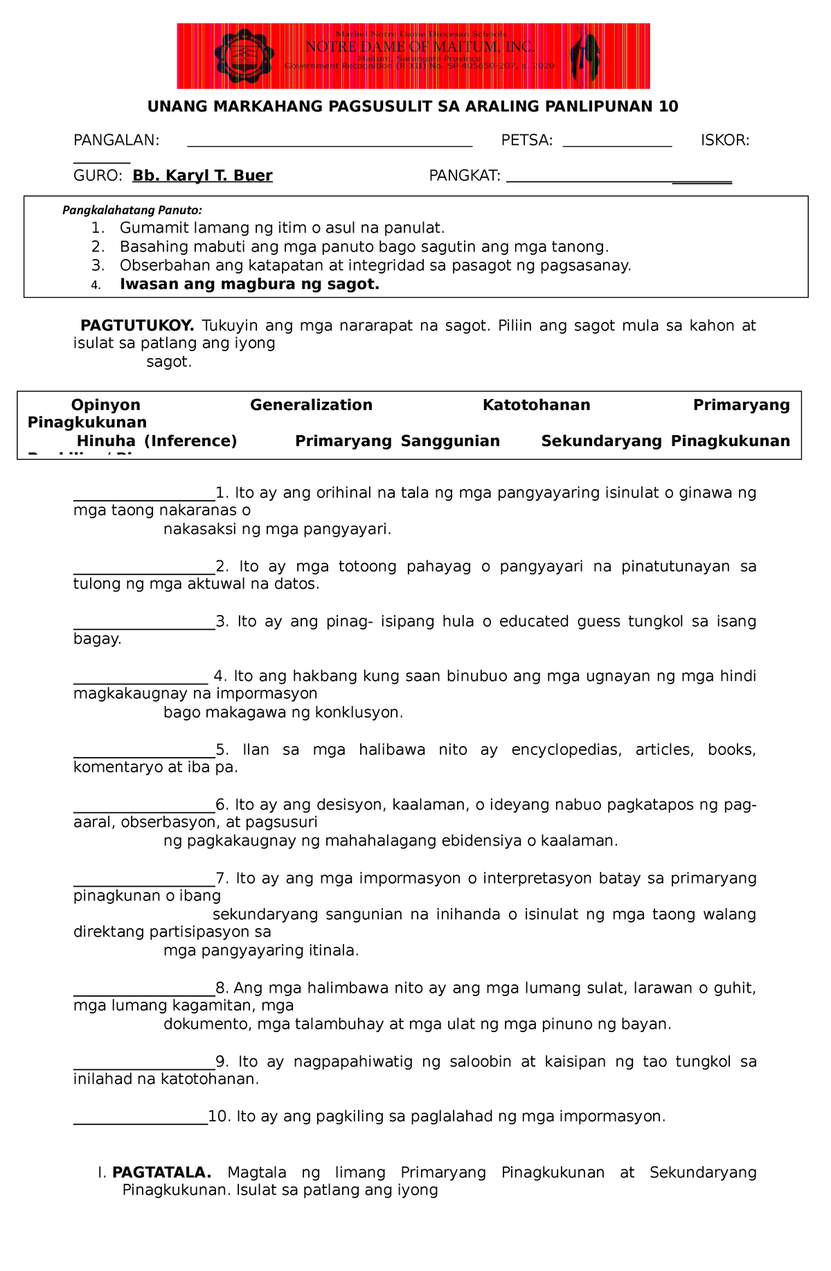 Grade 10 Xamination 1 - UNANG MARKAHANG PAGSUSULIT SA ARALING PANLIPUNAN 10 PANGALAN: PETSA ...