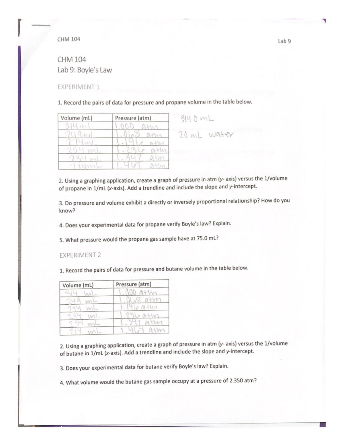 Lab 9 Boyle's law volume and pressure - chm 104 - Studocu