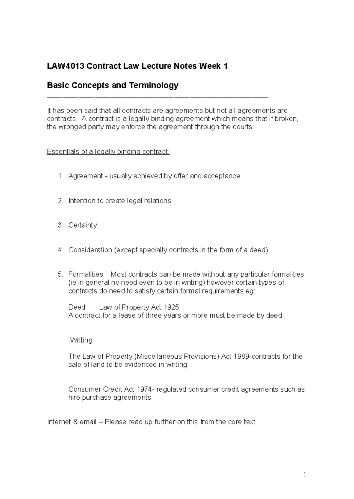 1.Contract Lec-1-notes - LAW4013 Contract Law Lecture Notes Week 1 ...