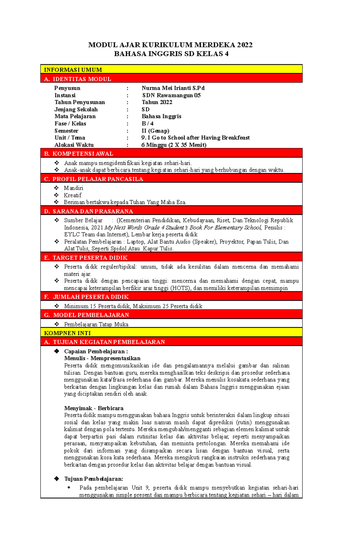 9. Modul Ajar B. Inggris Unit 9 Kelas 4 4 - MODUL AJAR KURIKULUM ...