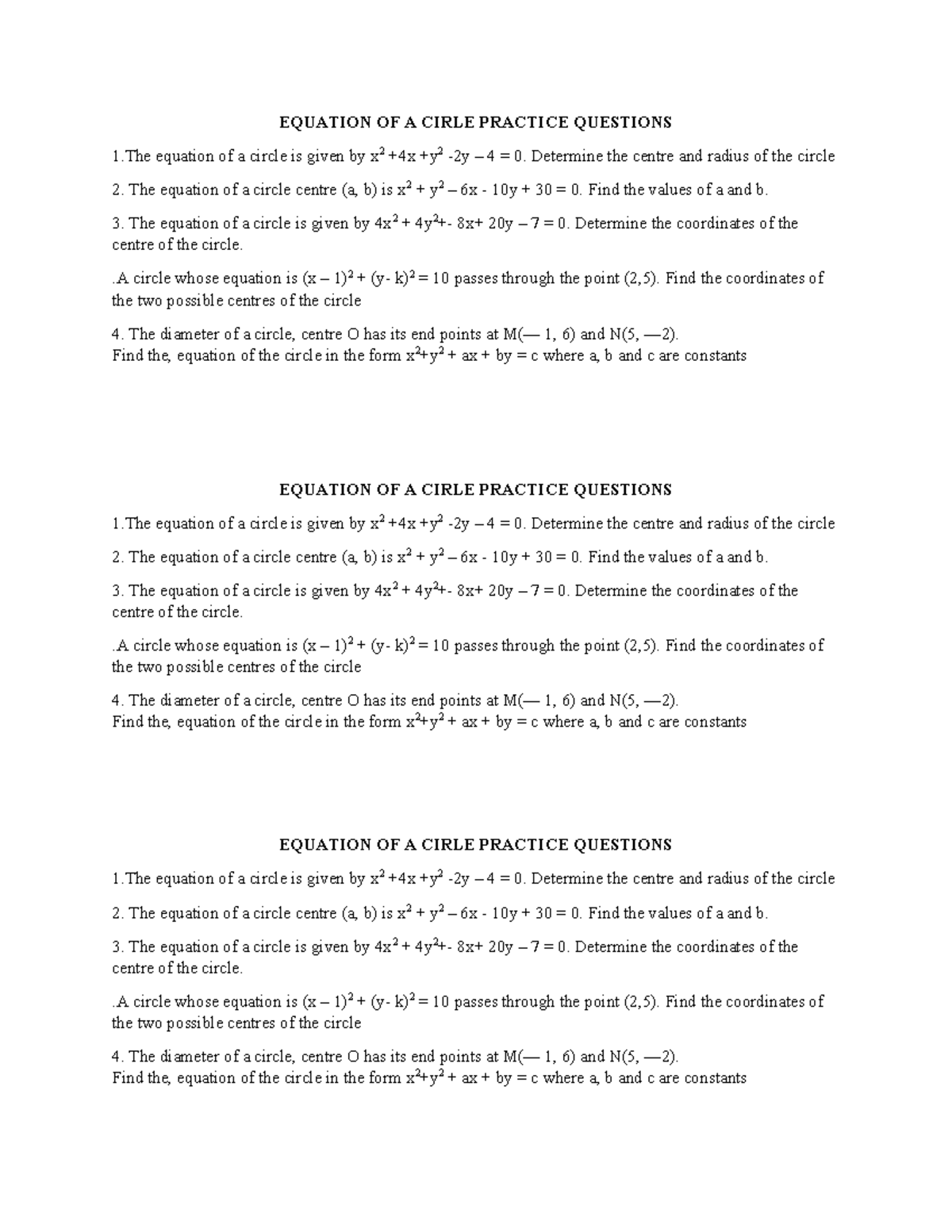Equation OF A Cirle Practice Questions - EQUATION OF A CIRLE PRACTICE ...