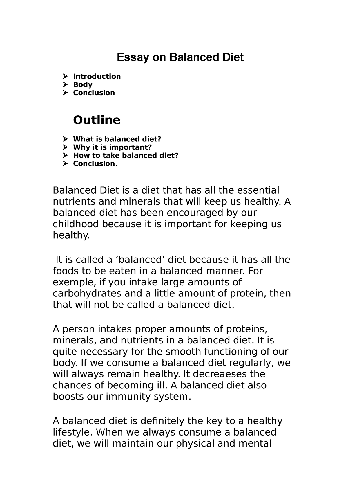 one page essay on balanced diet
