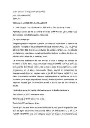 Carta Notarial DE Requerimiento DE PAGO - CARTA NOTARIAL DE REQUERIMIENTO  DE PAGO Lima, 16 de Mayo - Studocu