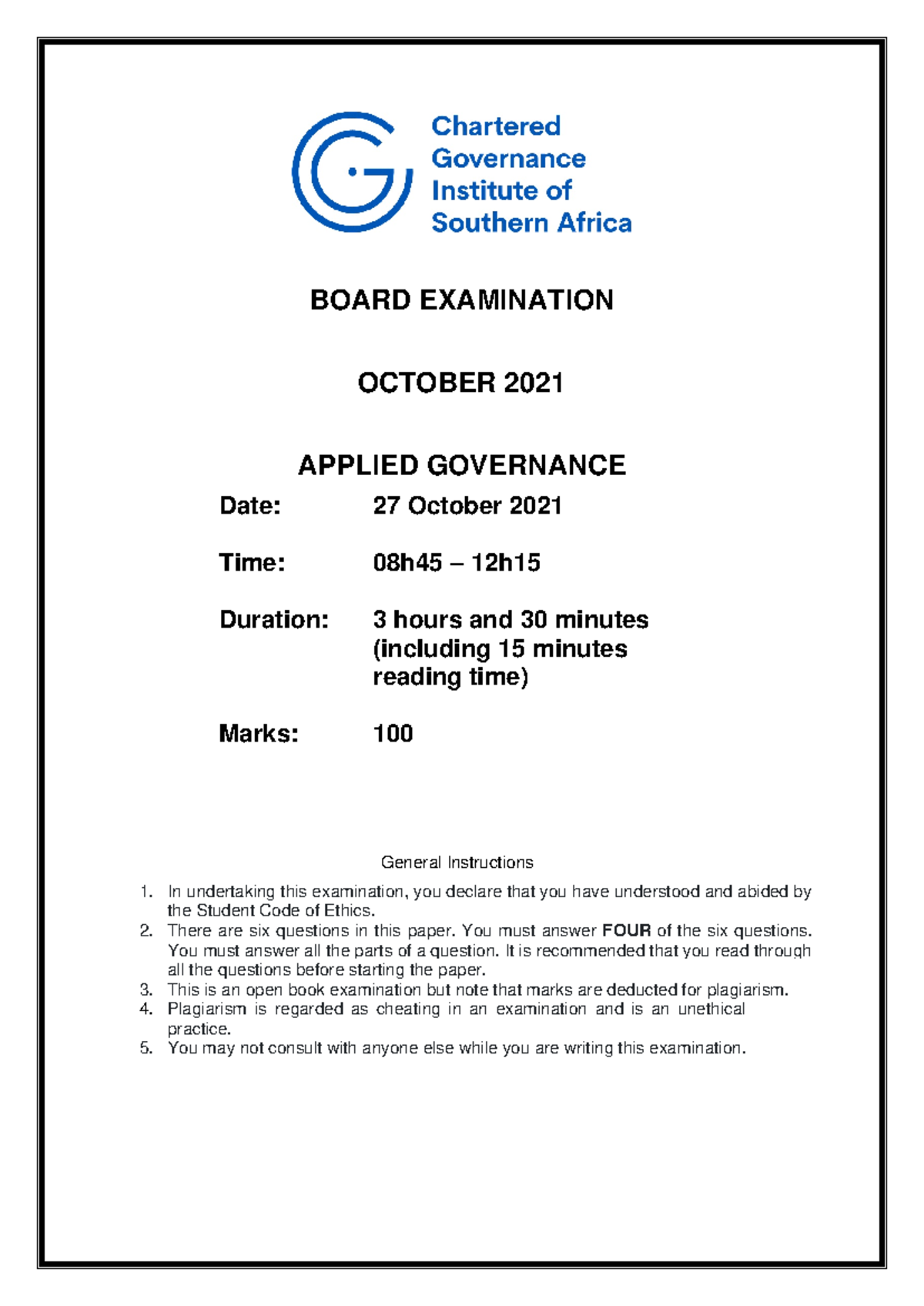 Applied Governance Question Paper October 2021 - BOARD EXAMINATION ...