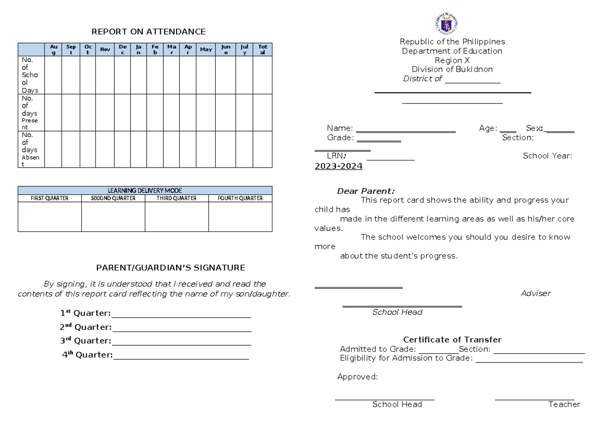G1-3 Form 138 with RHGP - Card - REPORT ON ATTENDANCE Au g Sep t Oc t ...