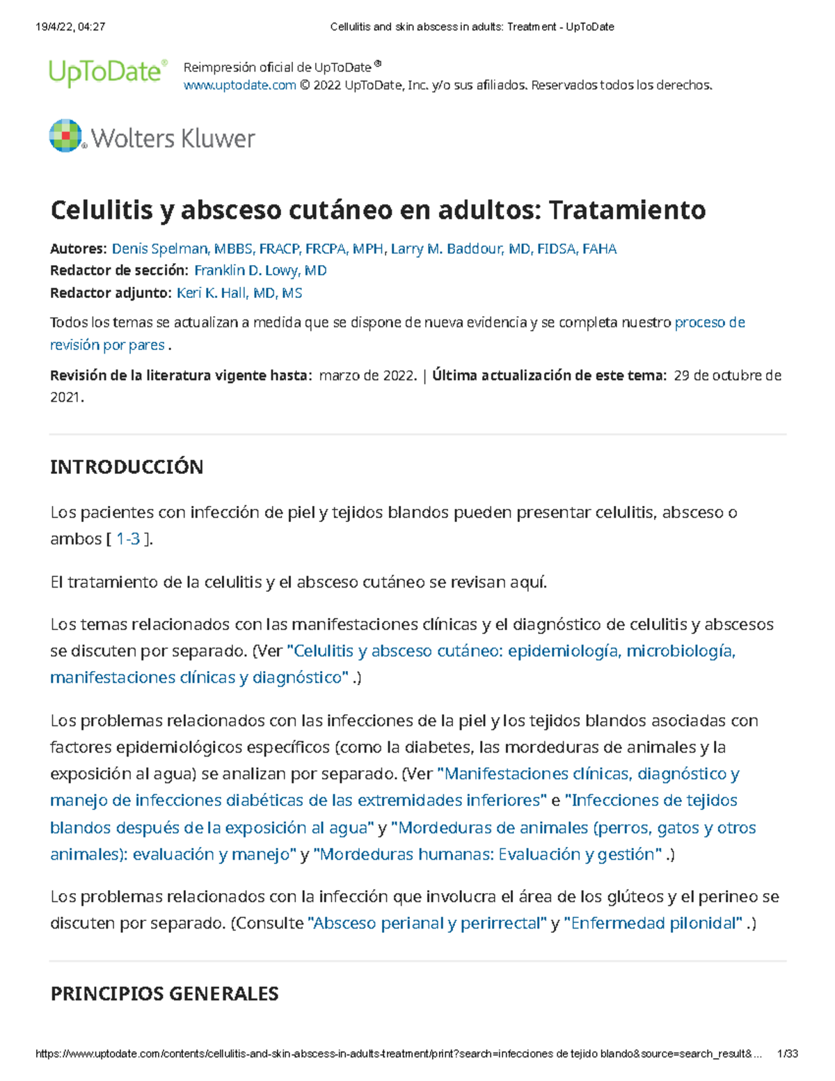 Cellulitis and skin abscess in adults Treatment - Up To Date - - Studocu