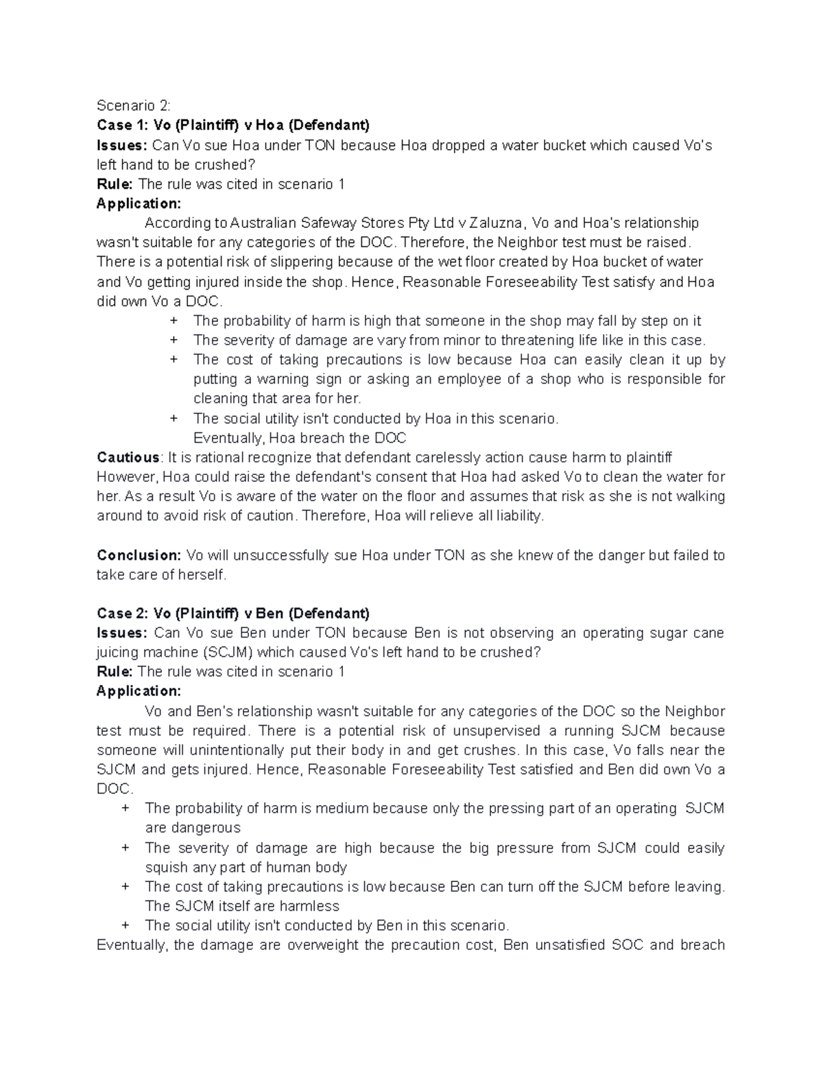 Business Law 2 - Commerical law case analyse - Scenario 2: Case 1: Vo ...