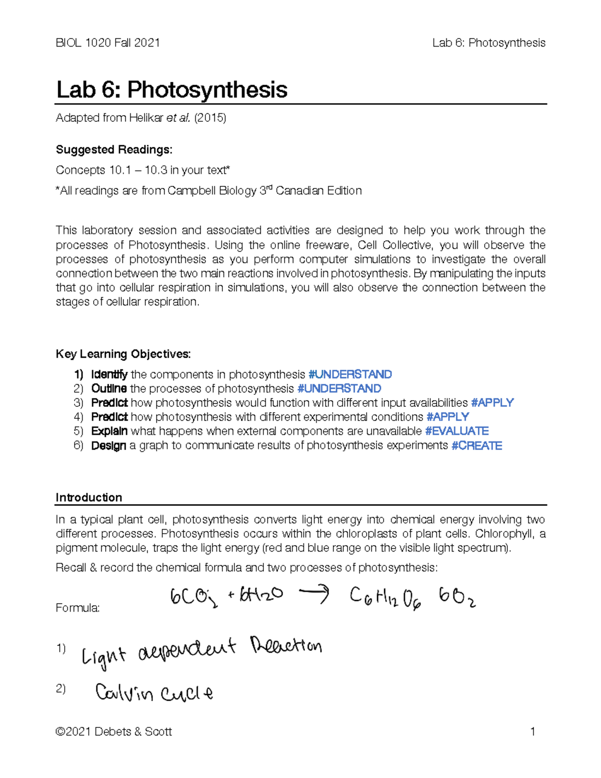 F21 BIOL 1020 Lab 6 Handout Lab 6 Photosynthesis Adapted from Helikar et al. (2015) Suggested