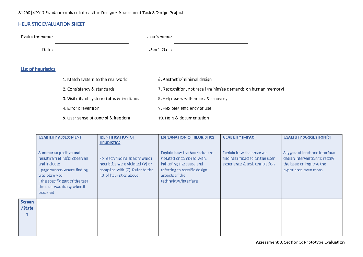 Usability Report Heuristic Evaluation Sheet - HEURISTIC EVALUATION ...