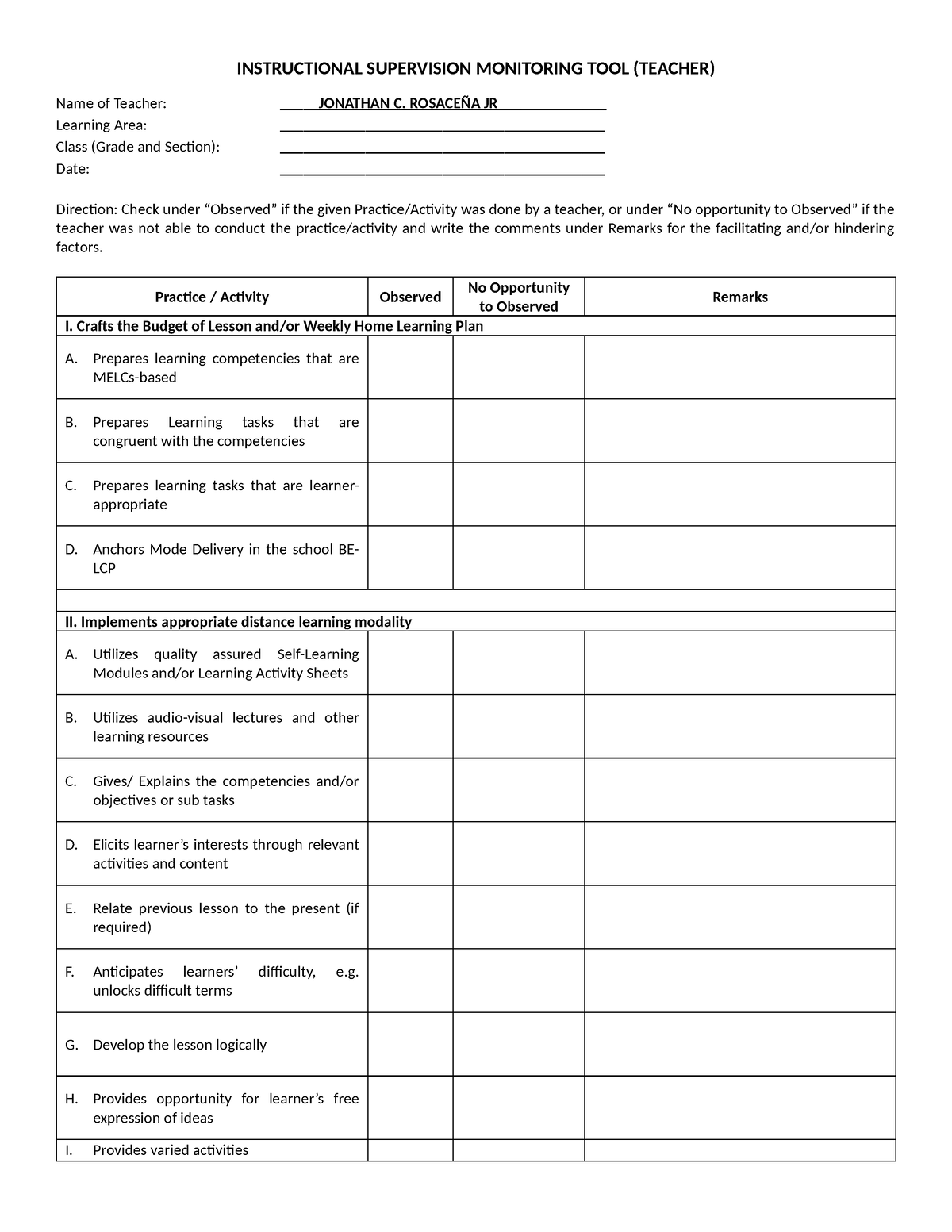 Instructional Supervision Monitoring Tool - INSTRUCTIONAL SUPERVISION ...