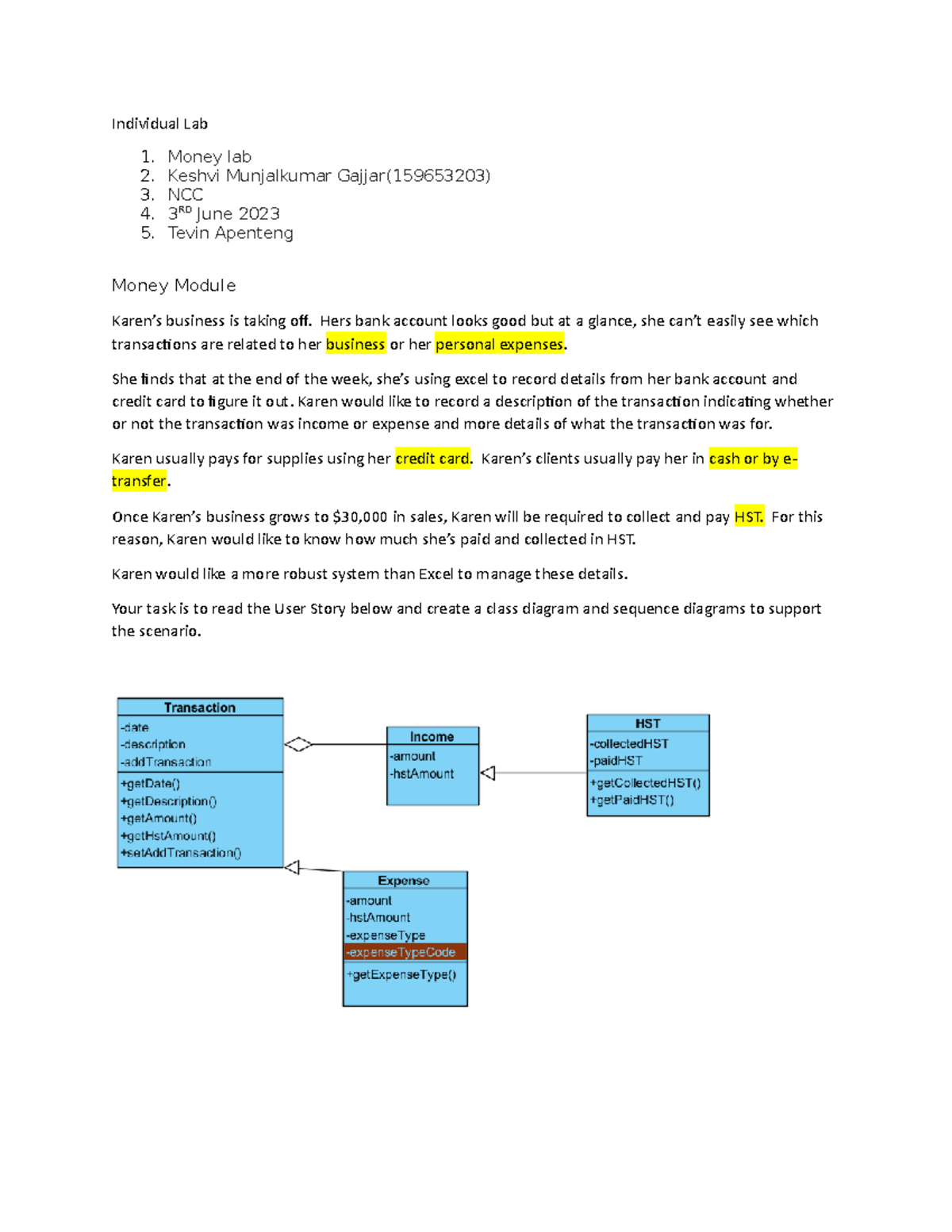 Money Module-PSW - Lecture notes - Individual Lab Money lab Keshvi ...