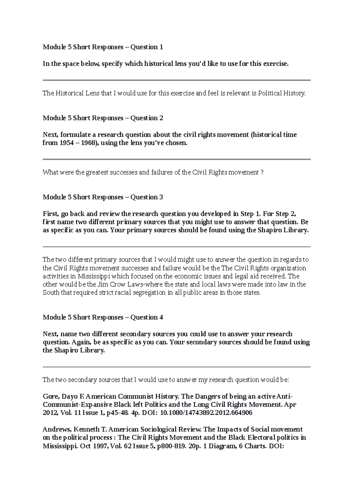 HIS 200 Applied History-5 - Module 5 Short Responses – Question 1 In ...