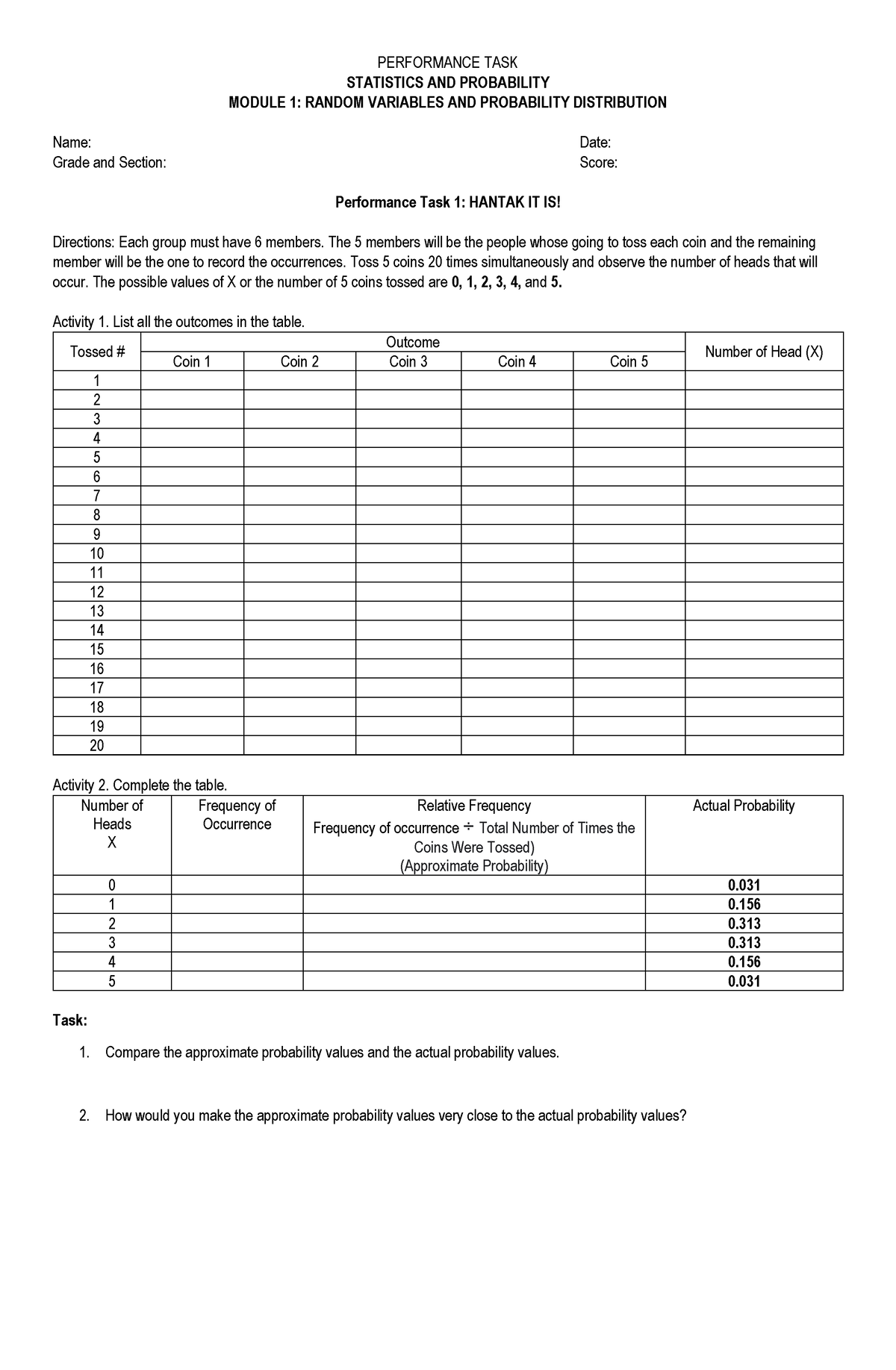 Module 1 Performance TASK (Module 1) - PERFORMANCE TASK STATISTICS AND ...