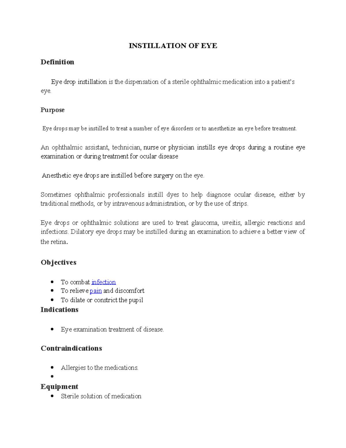 Instillation OF EYE check list INSTILLATION OF EYE Definition Eye