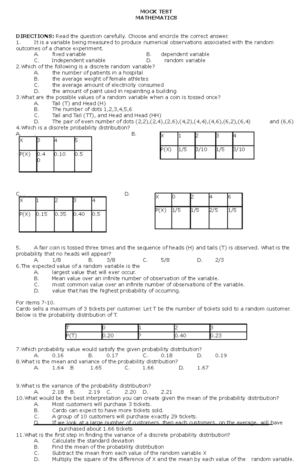 Exam Sample - MOCK TEST MATHEMATICS DIRECTIONS: Read the question ...