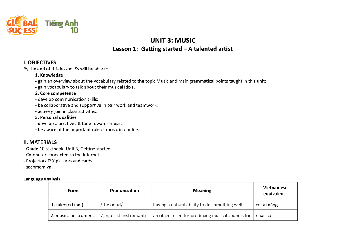 Unit 3 - Tiếng Anh 10 Global Success - UNIT 3: MUSIC Lesson 1: Getting ...