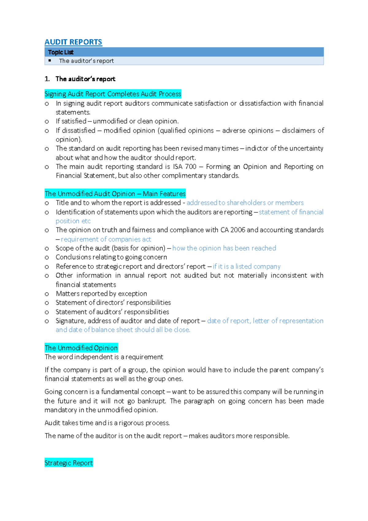 Study Notes 4 - AUDIT REPORTS Topic List § The auditor’s report The ...