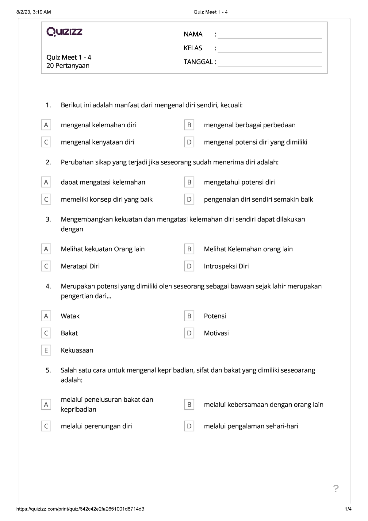 Quiz Meet 1 - 4 - Bimbingan Konseling - Quiz Meet 1 - 4 20 Pertanyaan ...