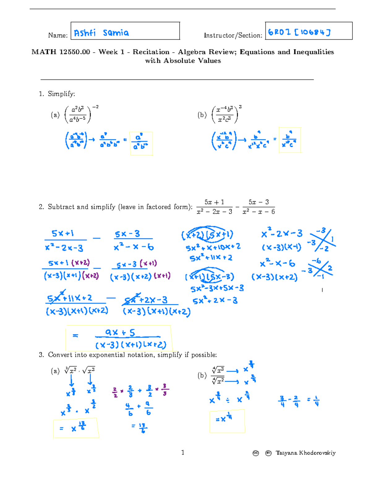 Recitation wksht 1 - Name: Instructor/Section: MATH 12550 - Week 1 ...