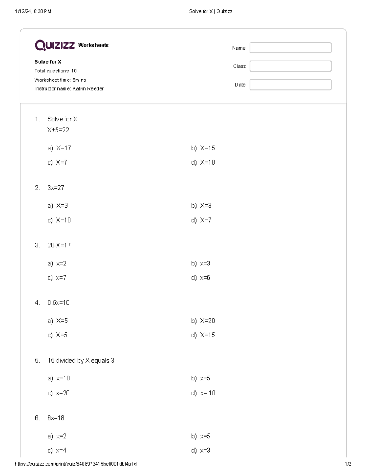 Solve for X Chapter 1 1/12/24, 638 PM Solve for X Quizizz Studocu
