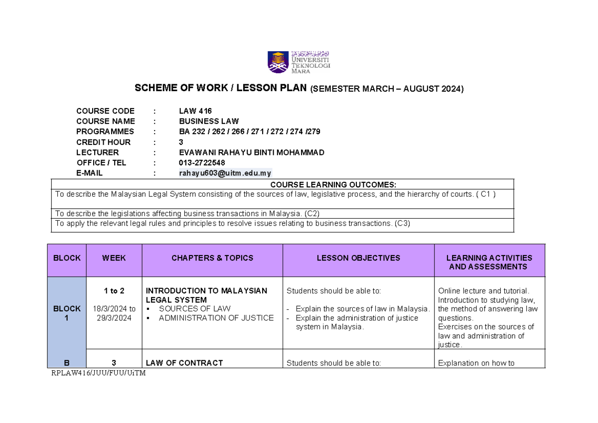 Lesson plan law416 - ............................. - SCHEME OF WORK ...
