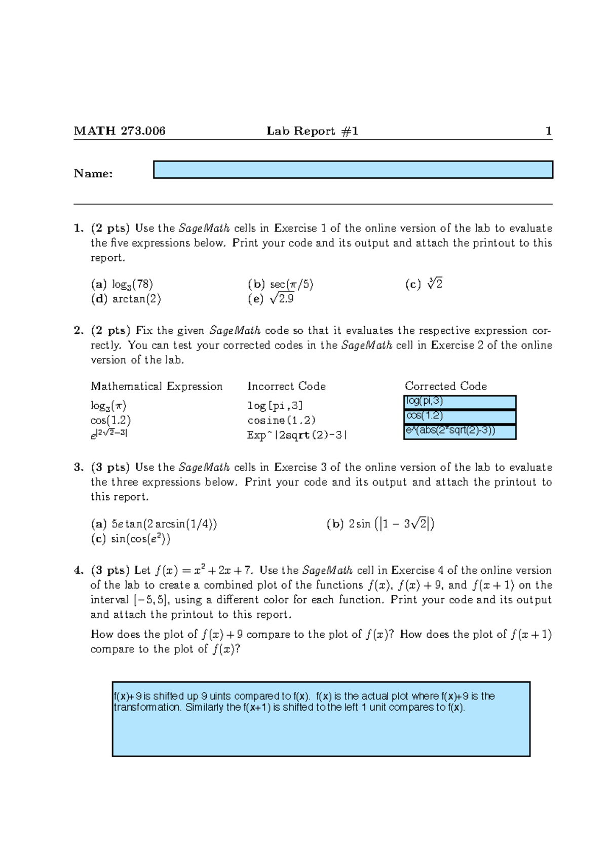 MAth Lab1Report - lab1 - MATH 273 Lab Report #1 1 Name: (2 pts)Use ...