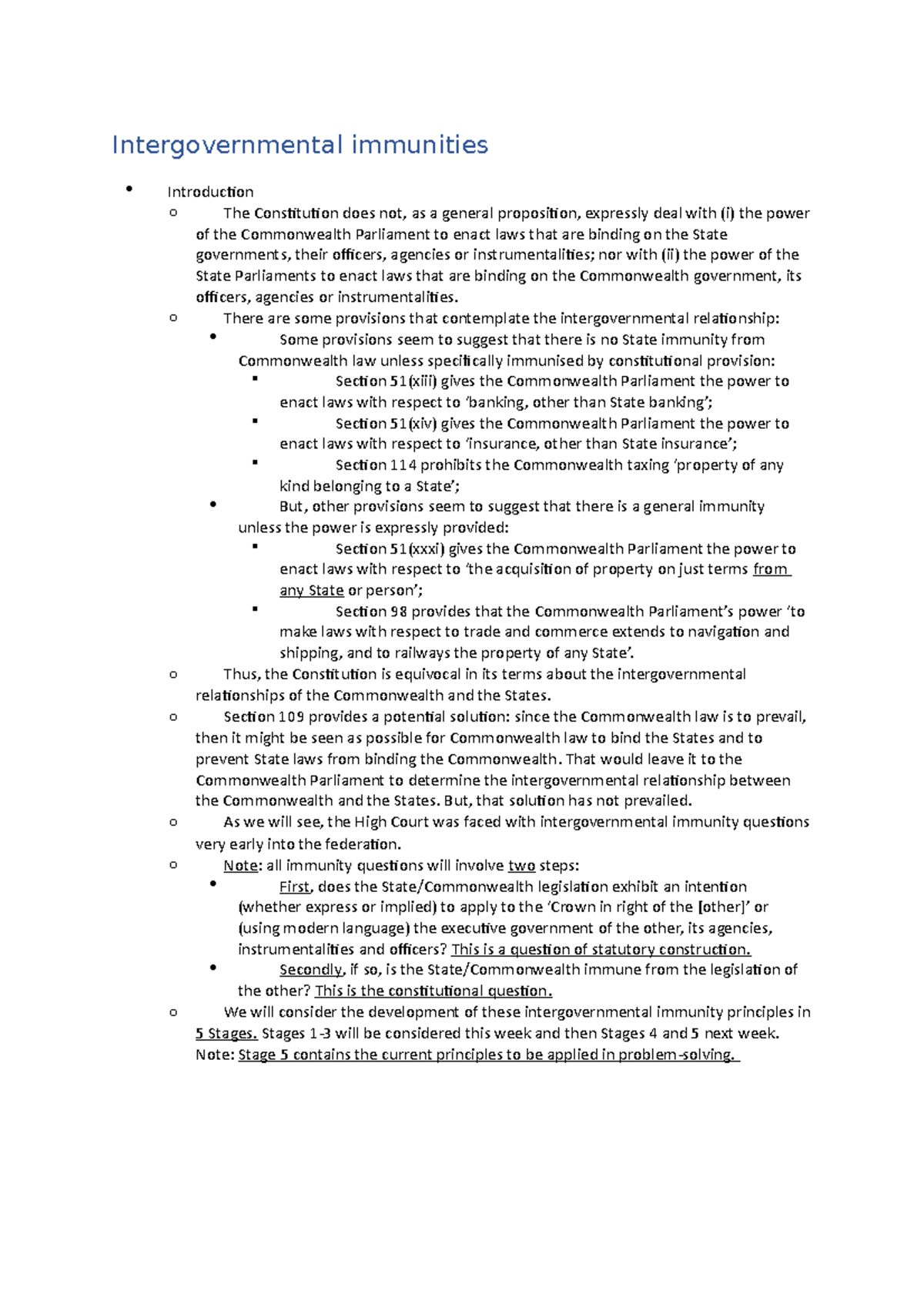 Comcon Notes second half of sem - Intergovernmental immunities ...