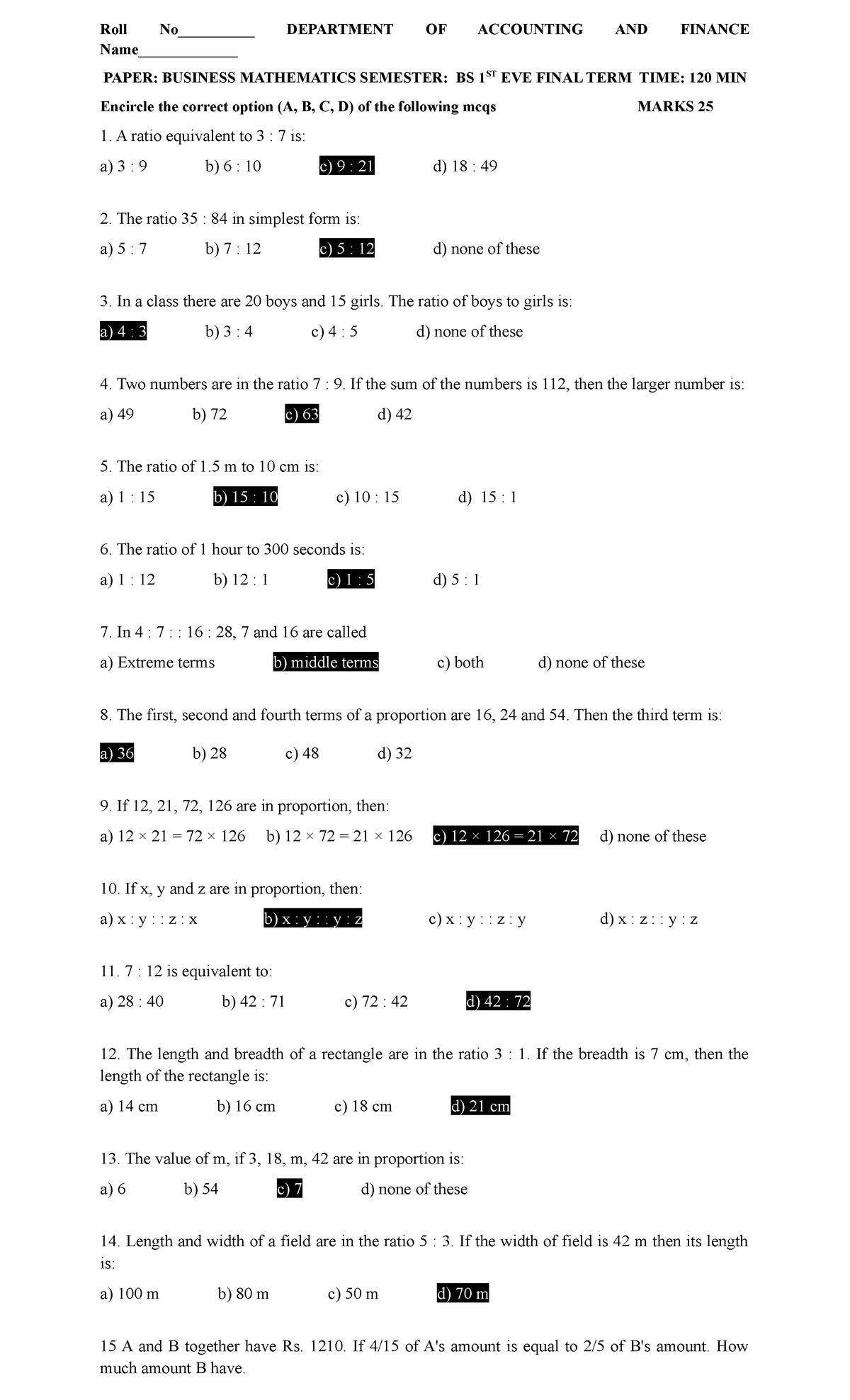 Business Mathematics-2 - Roll No__________ DEPARTMENT OF ACCOUNTING AND ...