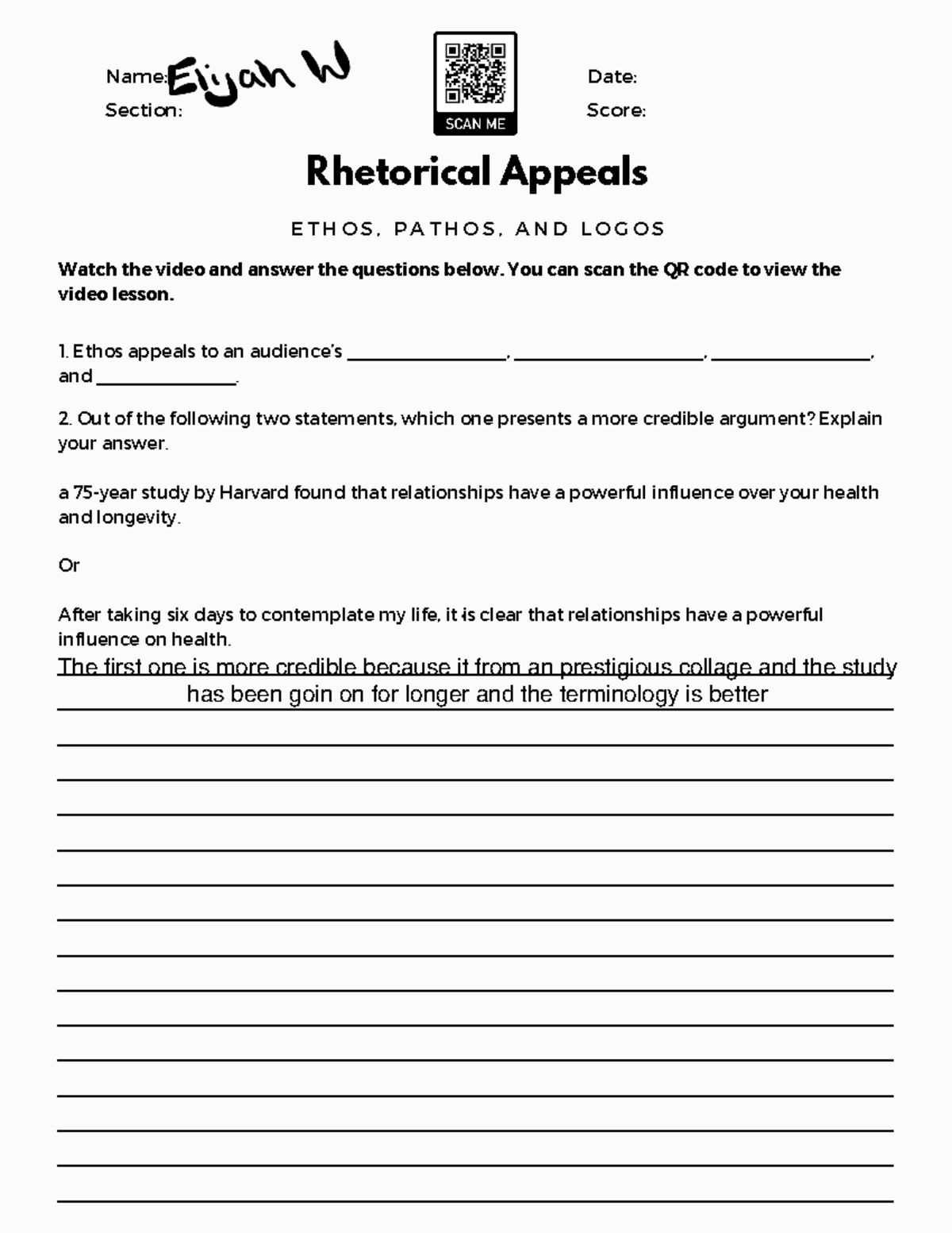 Ethos Pathos Logos Lesson+ - Name: Section: Date: Score: Rhetorical ...