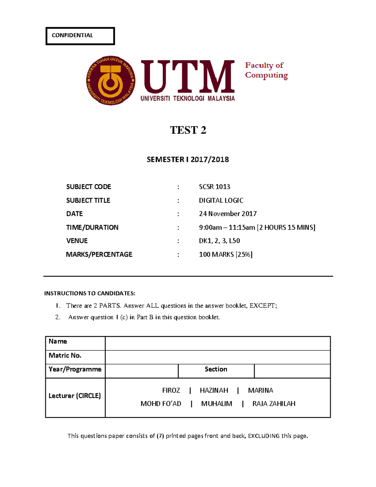 Exam 2017 Scsr 1013 Digital Logic Studocu
