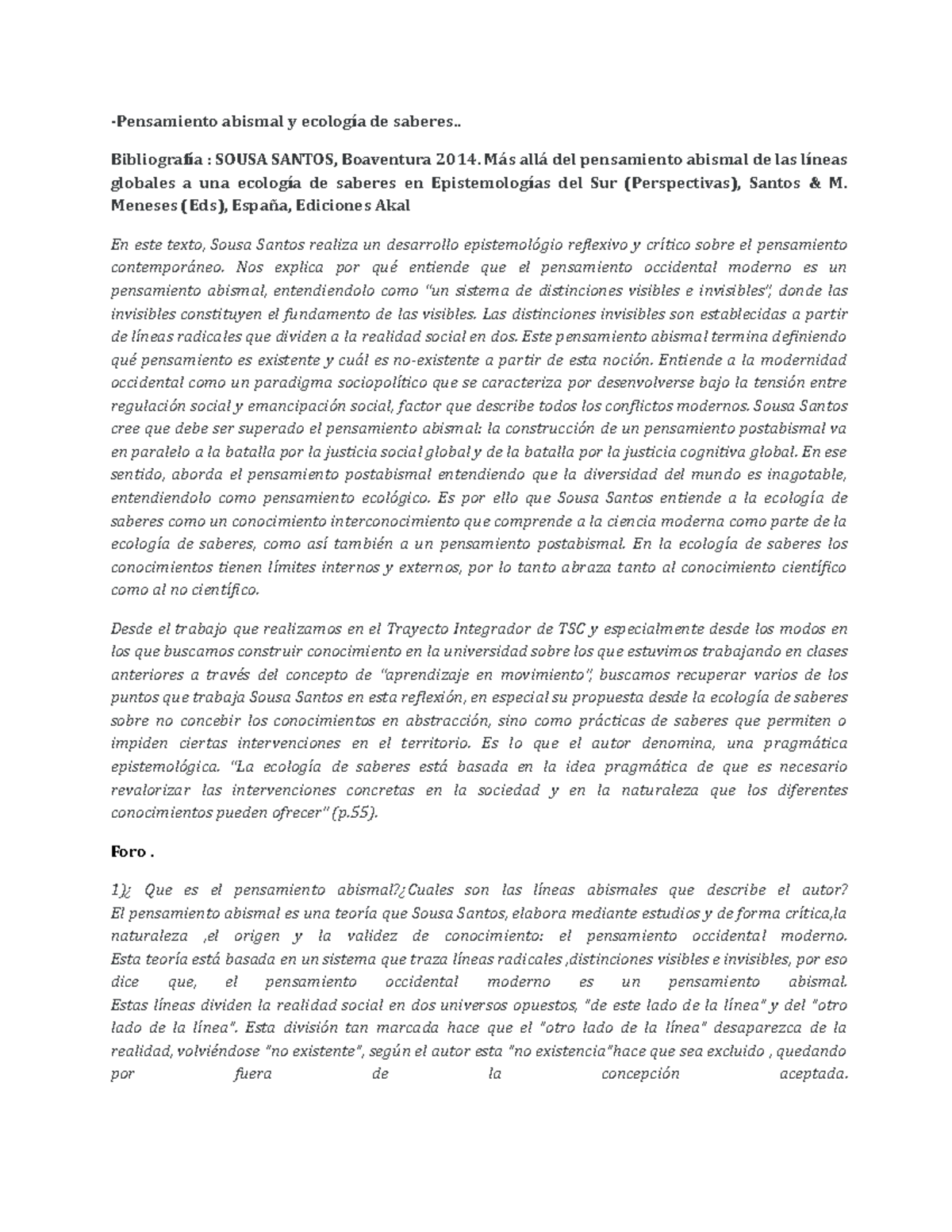 Pensamiento Abismal Y Ecología De Saberes - Sousa Santos -Pensamiento ...