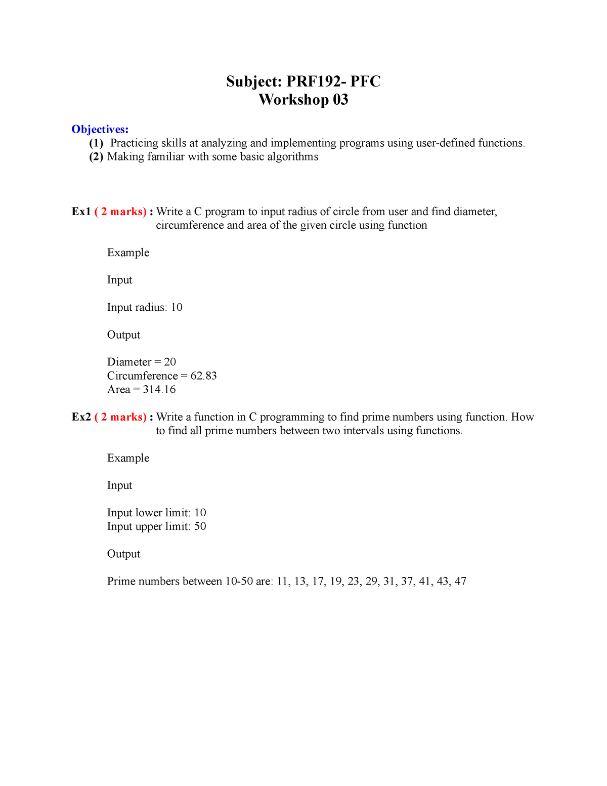 PFC-Workshop 03 - Gh.. - Subject: PRF192- PFC Workshop 03 Objectives ...