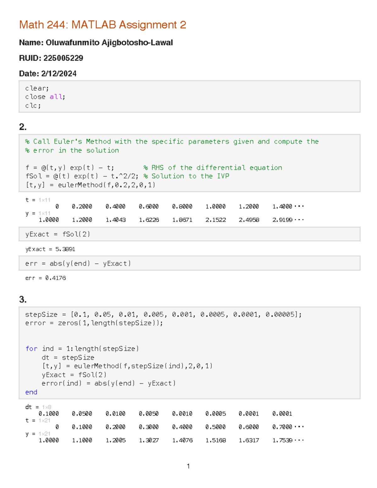 Lab2 Format File 2 - lab 2 - Math 244: MATLAB Assignment 2 Name ...