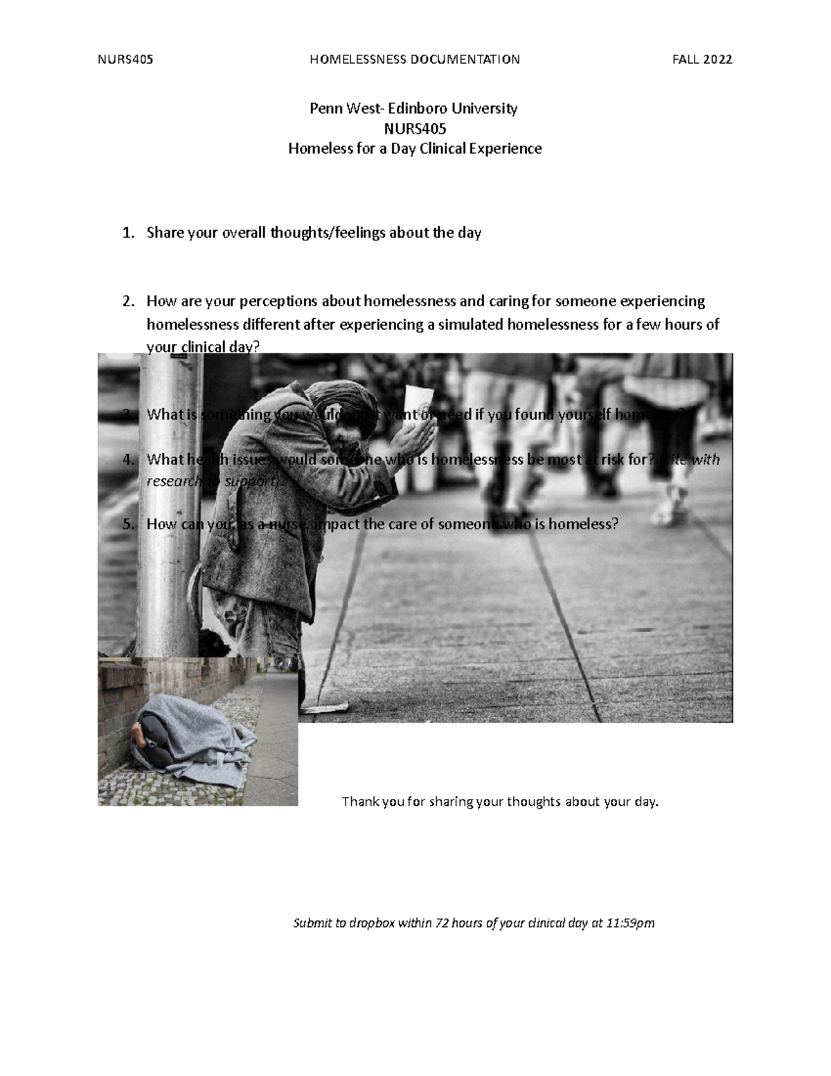 NURS405 Homeless FOR A DAY Documenation 1 2 - NURS405 HOMELESSNESS ...