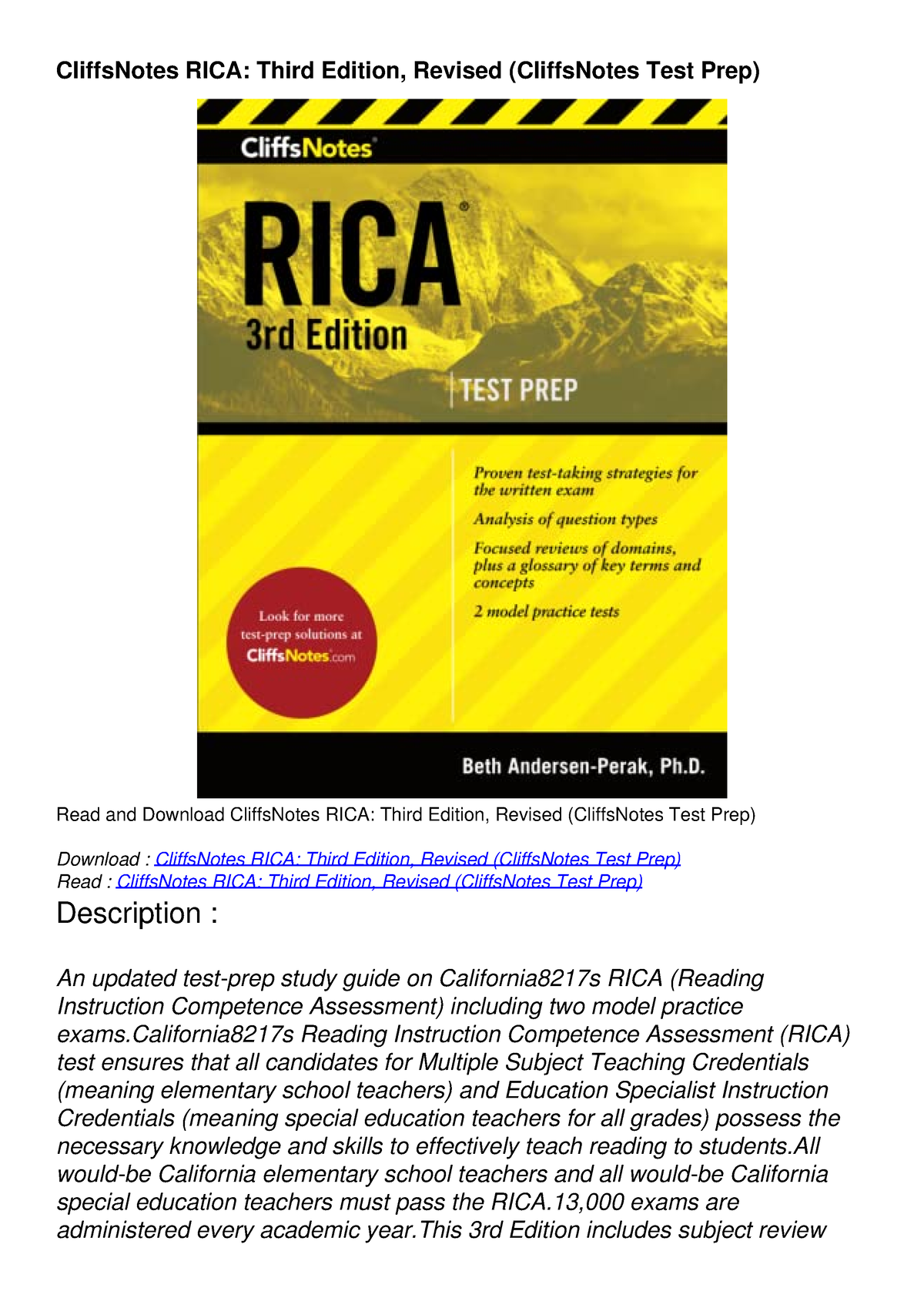 READ [PDF] CliffsNotes RICA: Third Edition, Revised (CliffsNotes Test ...