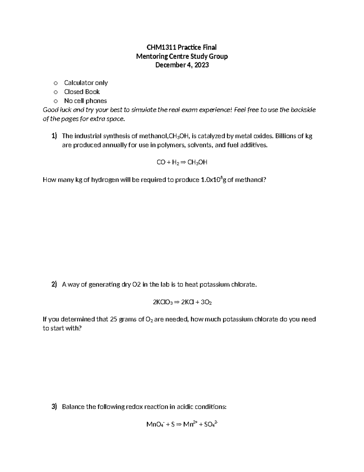 CHM1311-Practice-Final - CHM1311 Practice Final Mentoring Centre Study ...