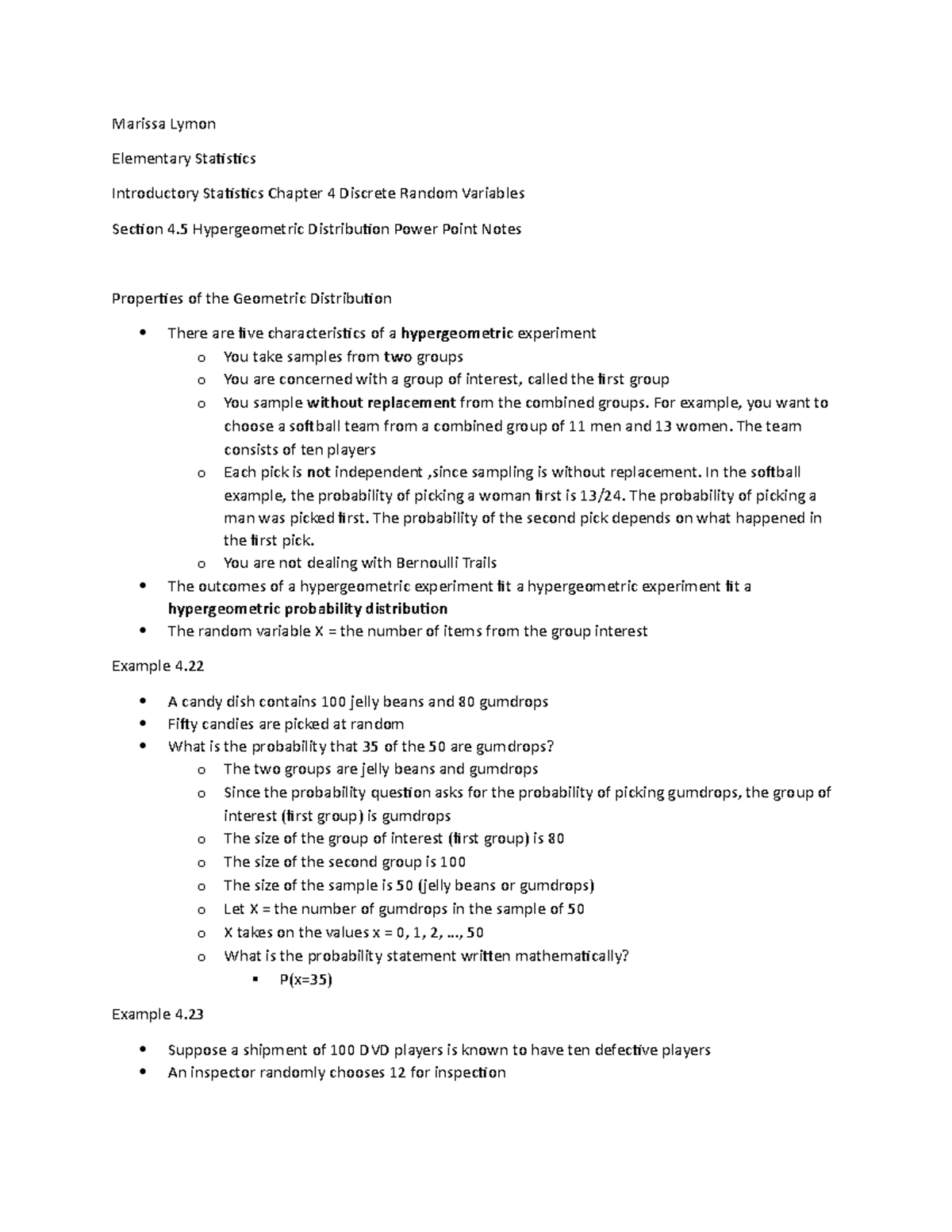 Section 4.5 Hypergeometric Distribution Power Point Notes - Marissa ...