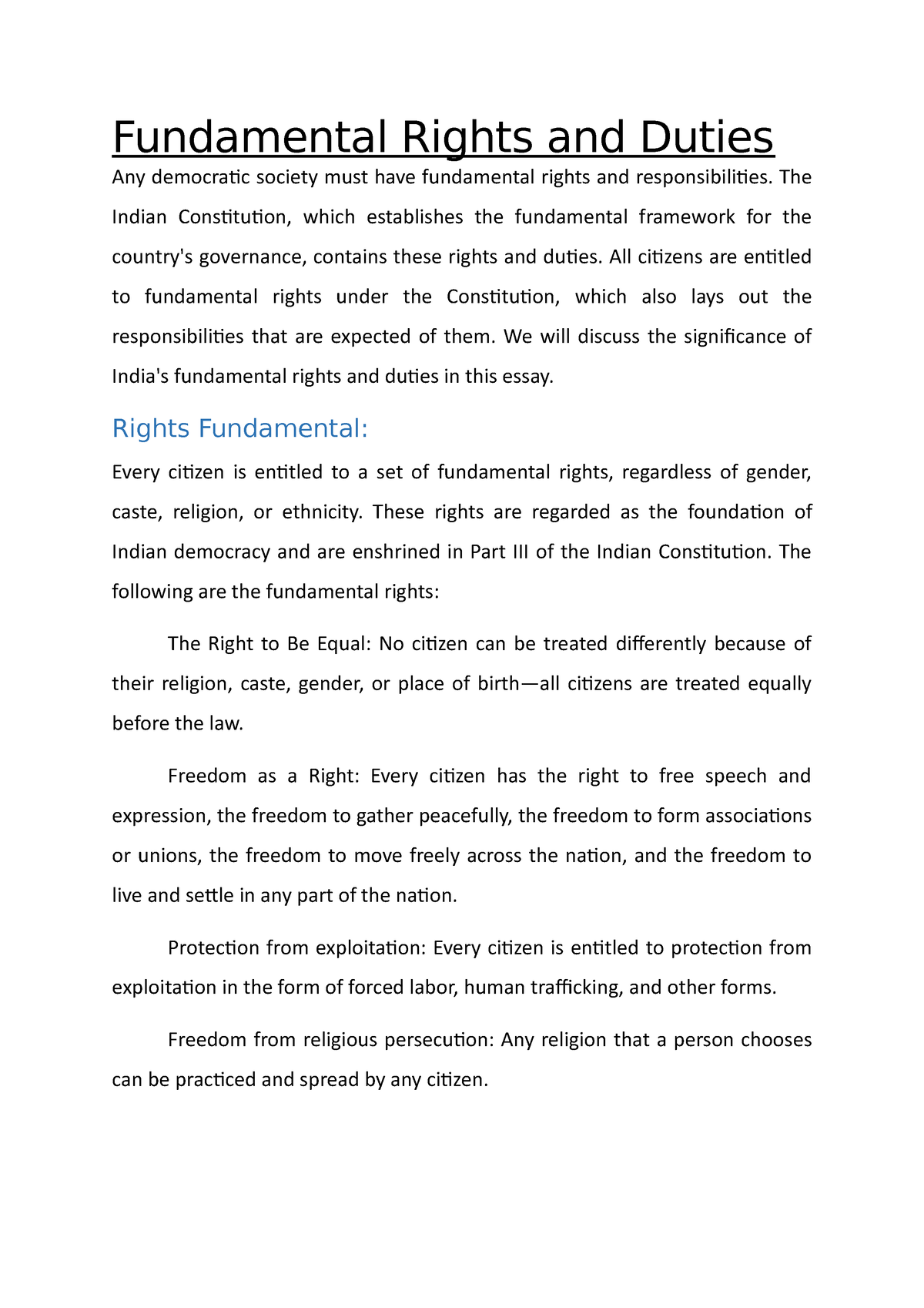 essay about fundamental rights and duties