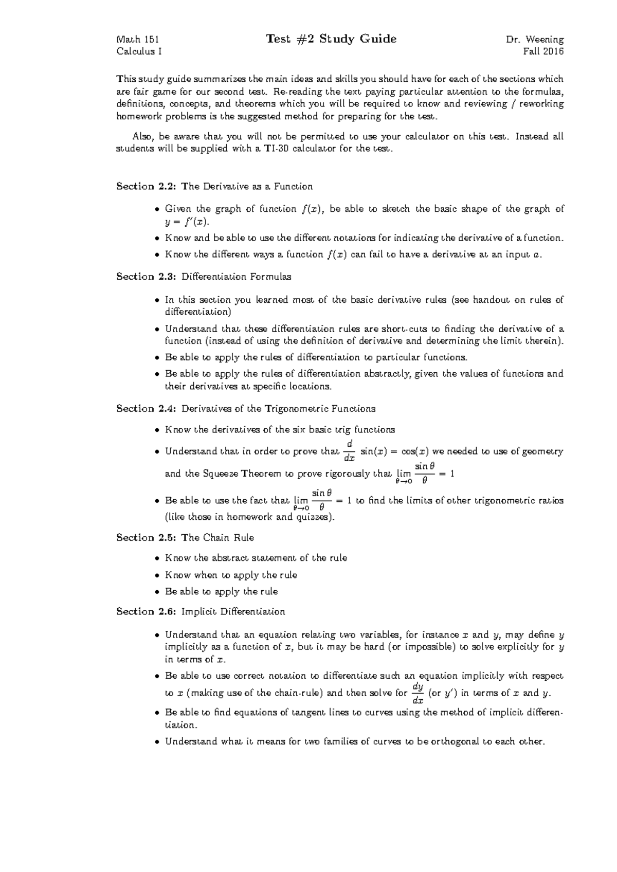 Test 2 study guide - Math 151 Test #2 Study Guide Dr. Weening Calculus ...