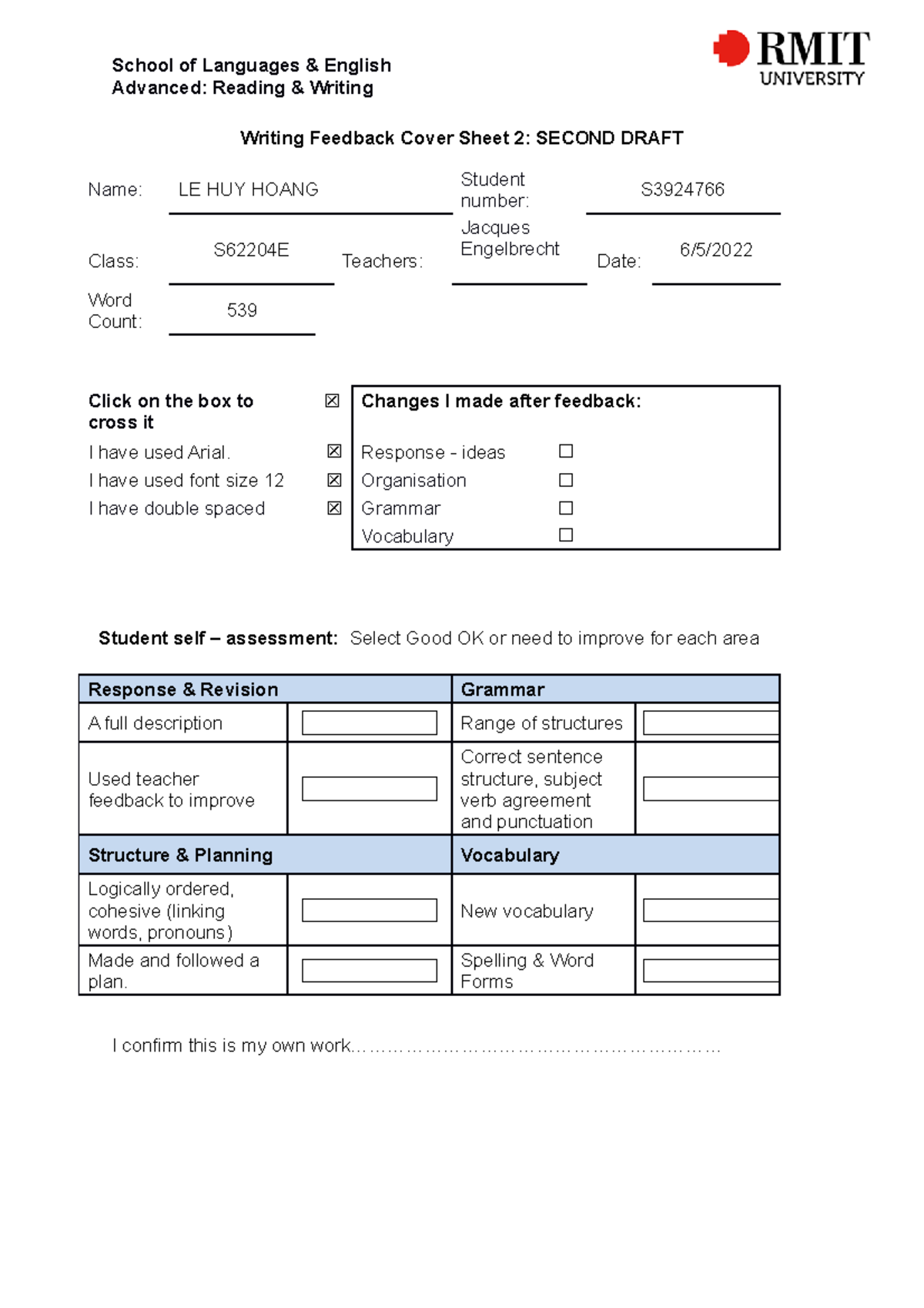 Writing Feedback Cover Sheet 2 - ☒ Response - ideas ☐ I have used font ...