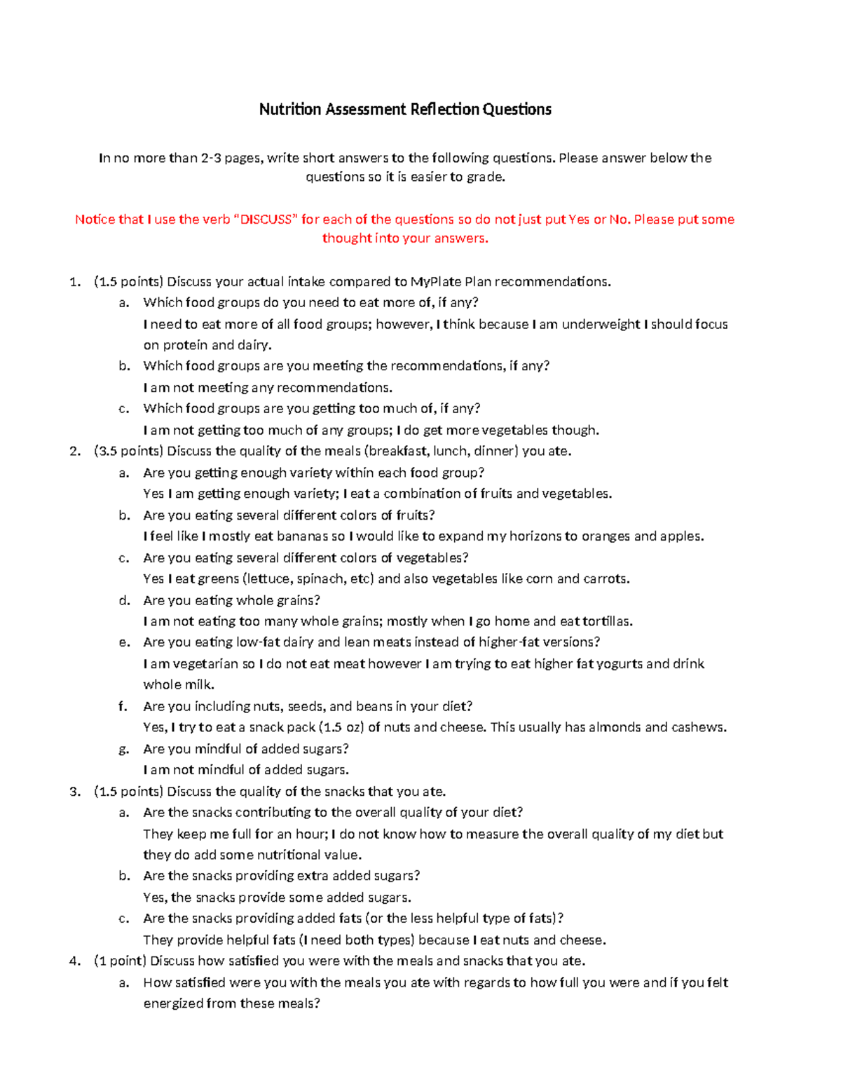 Nutrition Assessment Reflection Questions New - Please answer below the ...