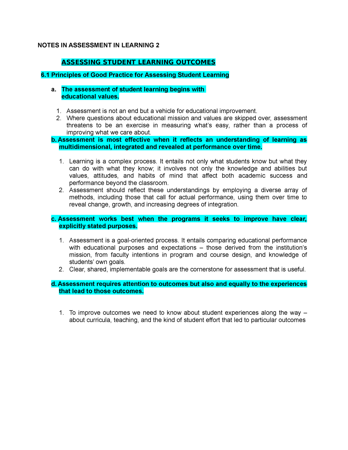 Assessing Student Learning Outcomes - NOTES IN ASSESSMENT IN LEARNING 2 ...