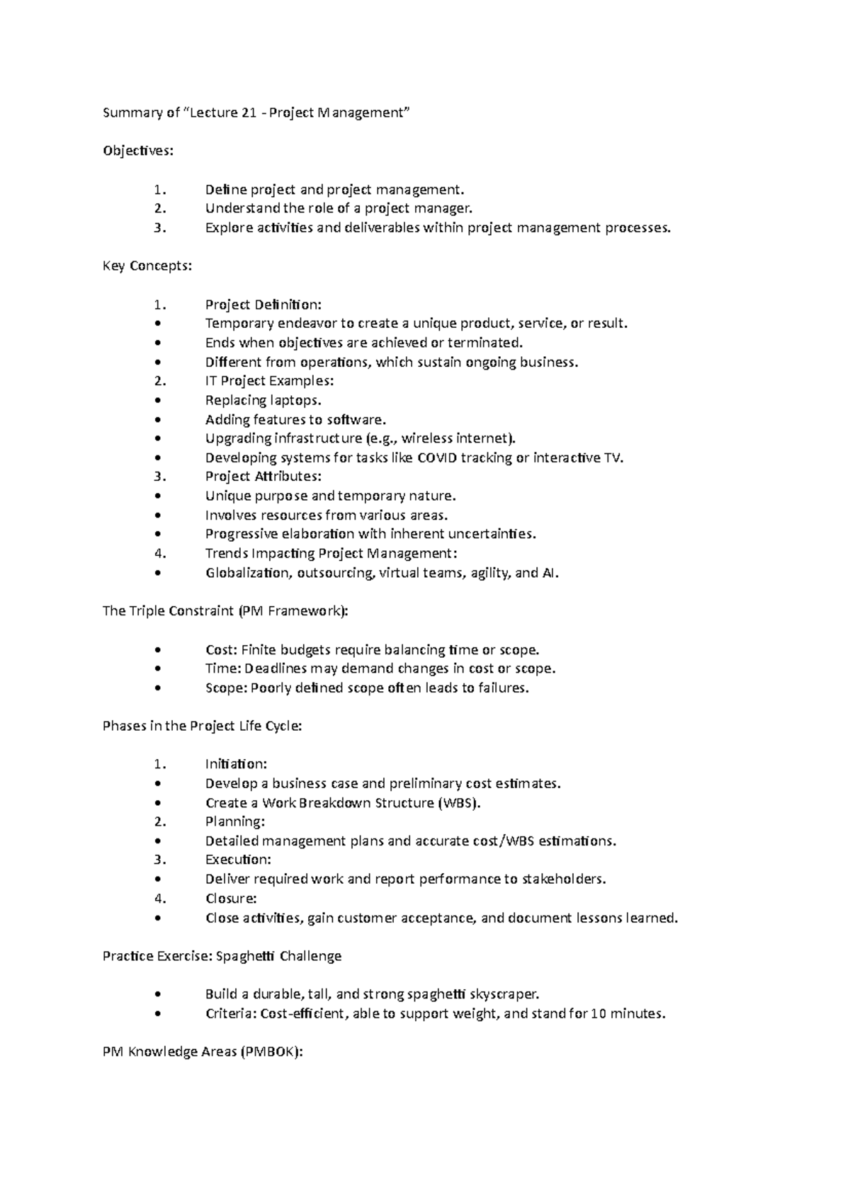 271- Project Management summary copy - Summary of “Lecture 21 - Project ...