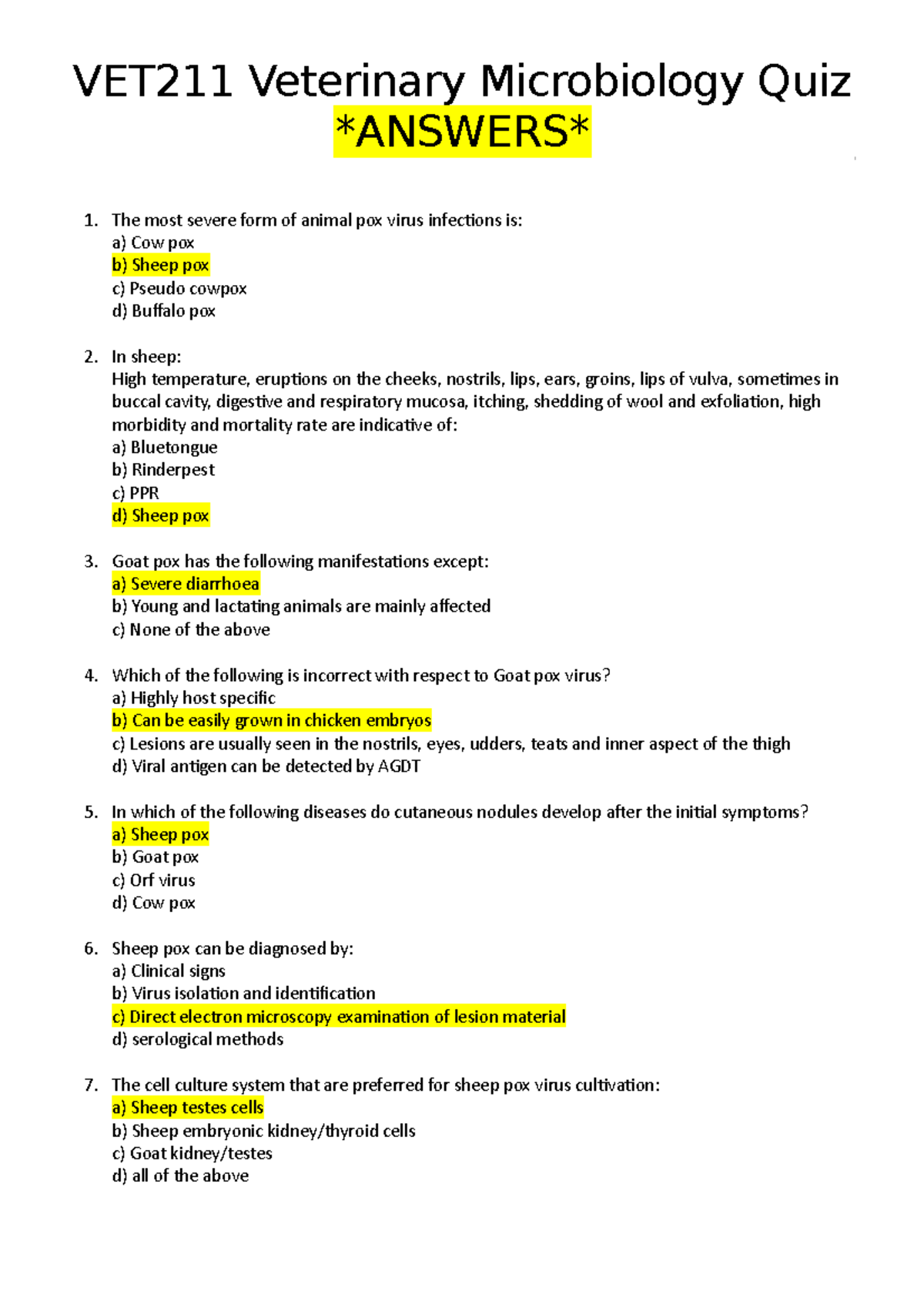 Sample/practice exam 2019, questions and answers VET211 Veterinary