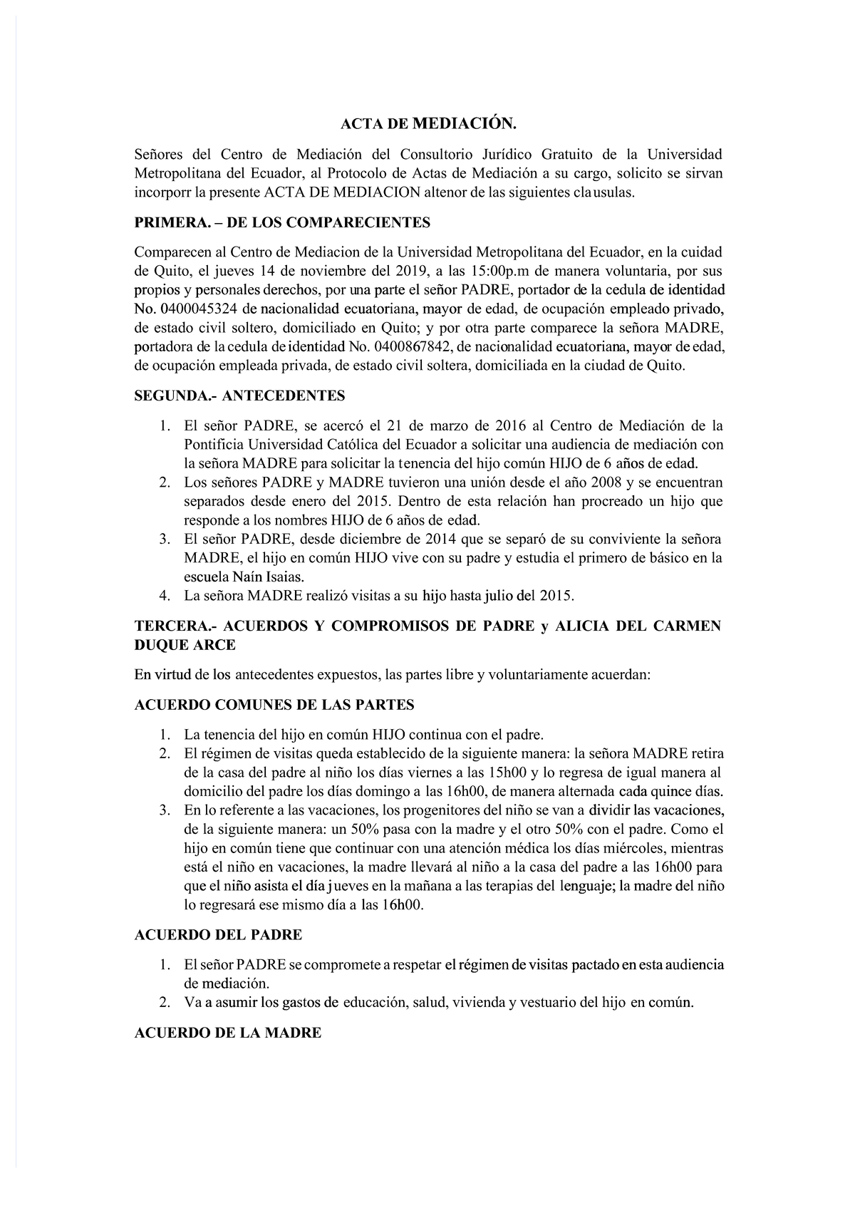 Modelo De Acta De Mediacion Ecuador Pdf Formato Word