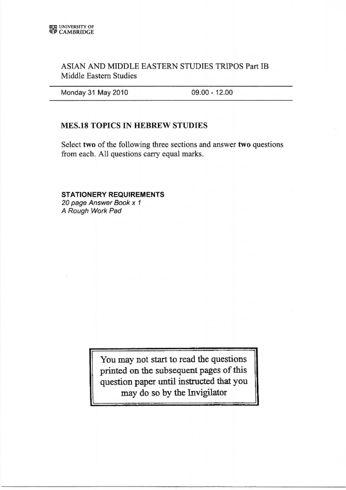 Exam 2010, Questions - M55. UNIVERSITY OF CAMBRIDGE ASIAN AND MIDDLE ...