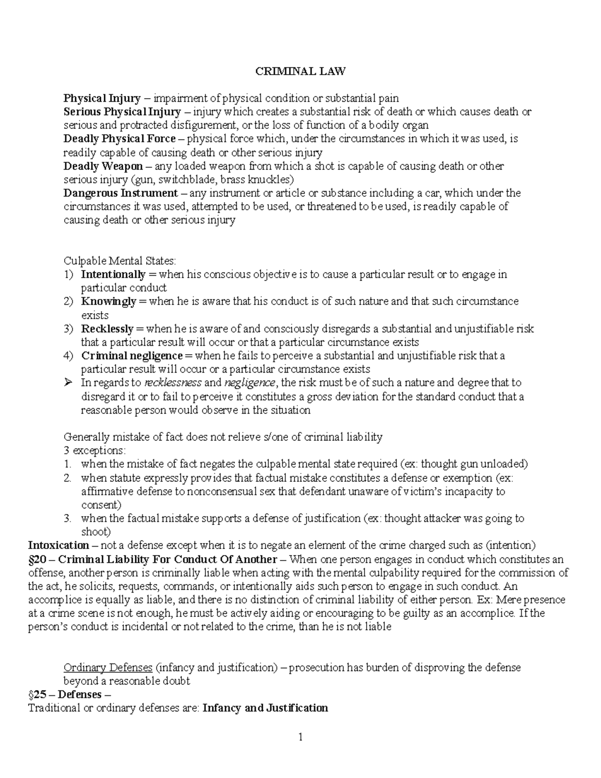 Criminal Law - Prof. Fuller 2 - CRIMINAL LAW Physical Injury ...