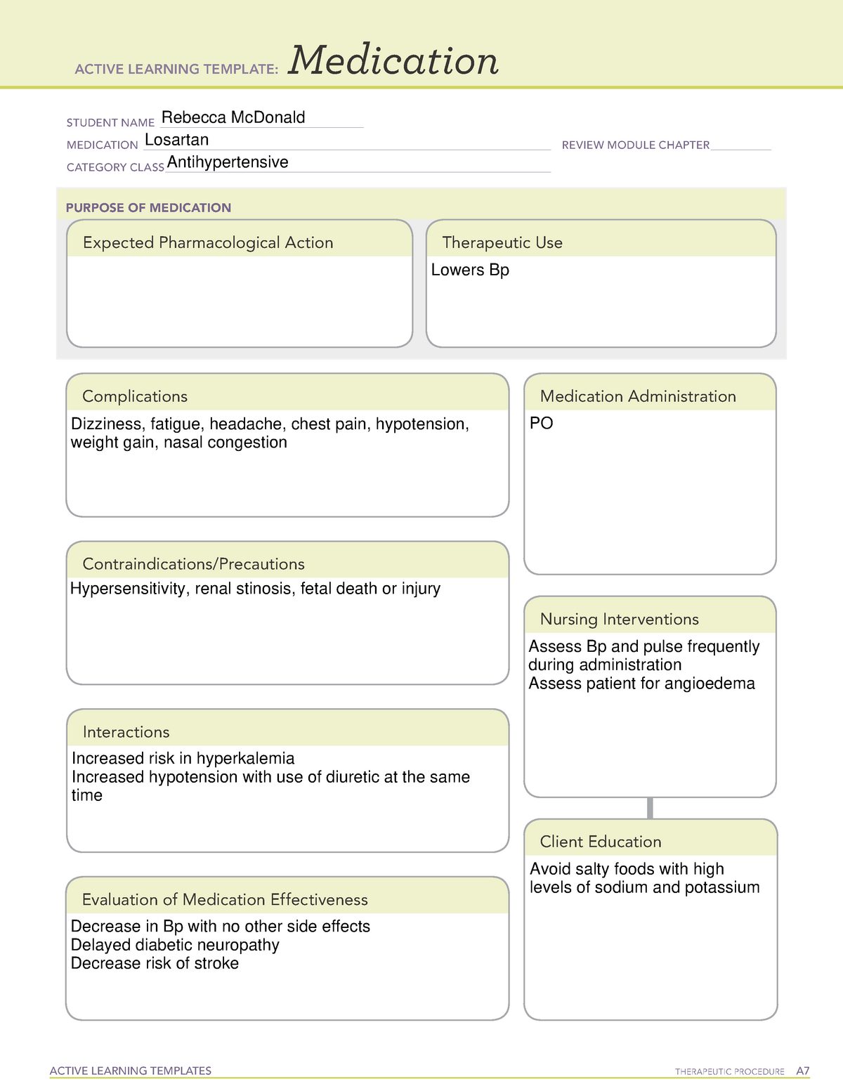 Losartan Med Card Template ACTIVE LEARNING TEMPLATES THERAPEUTIC