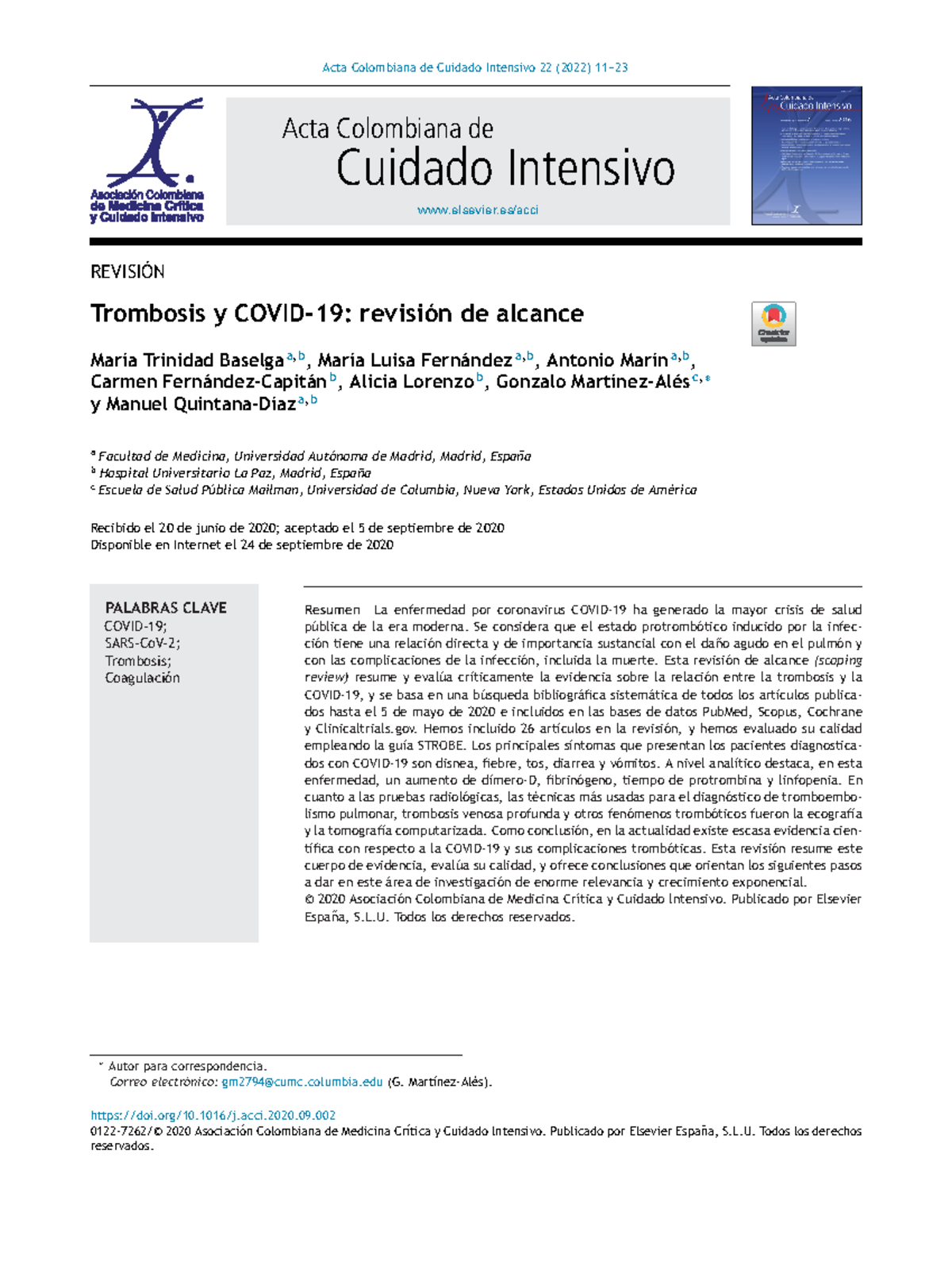 1-s2 - Acta Colombiana De Cuidado Intensivo 22 (2022) 11- Elsevier/acci ...