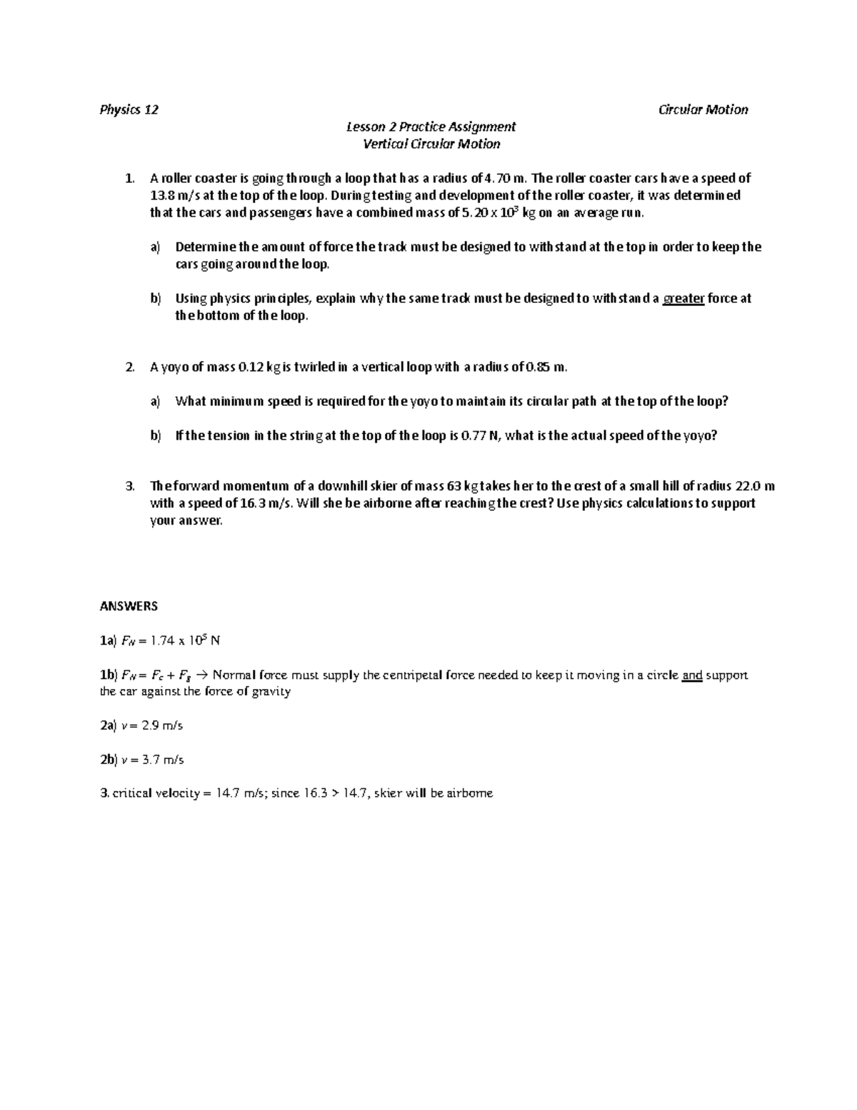 Assignment - 15 - Physics - 12 - Physics 12 Circular Motion Lesson 2 ...